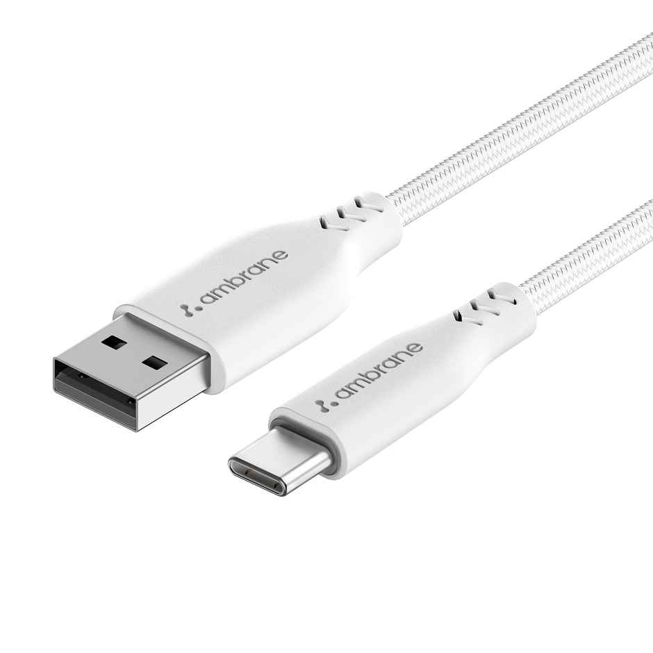 Ambrane Unbreakable 3A Fast Charging 1.5m Braided Type C Cable | USB to C Cable | White 