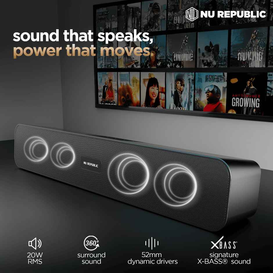 Nu Republic Soundbar 20 Bluetooth Soundbar with X-Bass Technology, 52mm Dynamic Drivers, Upto 12 Hrs Playtime, 20 W Output, Aux/USB Port, 5.0 Channel - Black