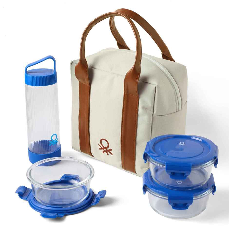 United Colors of Benetton Insulated Lunch Bag Set Blue with Glass Bottle and 3 Containers