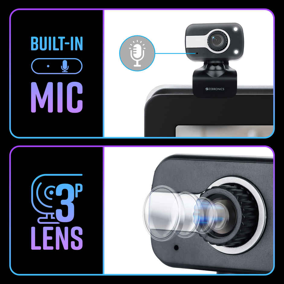 Zebronics Zeb-Crystal Clear Web Camera, 0.3 MP with USB with 3P Lens,Built-in Microphone,Auto White Balance,Night Vision and Manual Switch for LED - Black