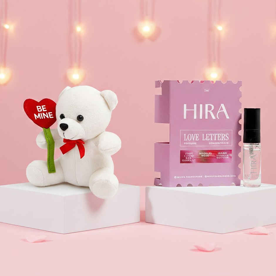 Archies Cute Little Teddy Bear With Be Mine Heart - 20 Cm (1pc) & Hira Love Letters Eau De Perfume -  For Woman (5ml) Combo