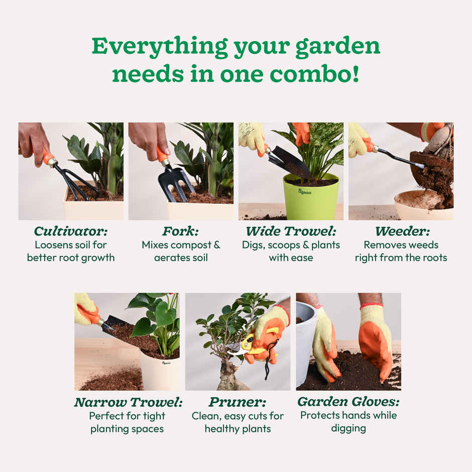 Ugaoo Gardening Tools Kit | Cultivator, Fork, Trowels, Weeder, Garden Gloves, Pruner Cutter