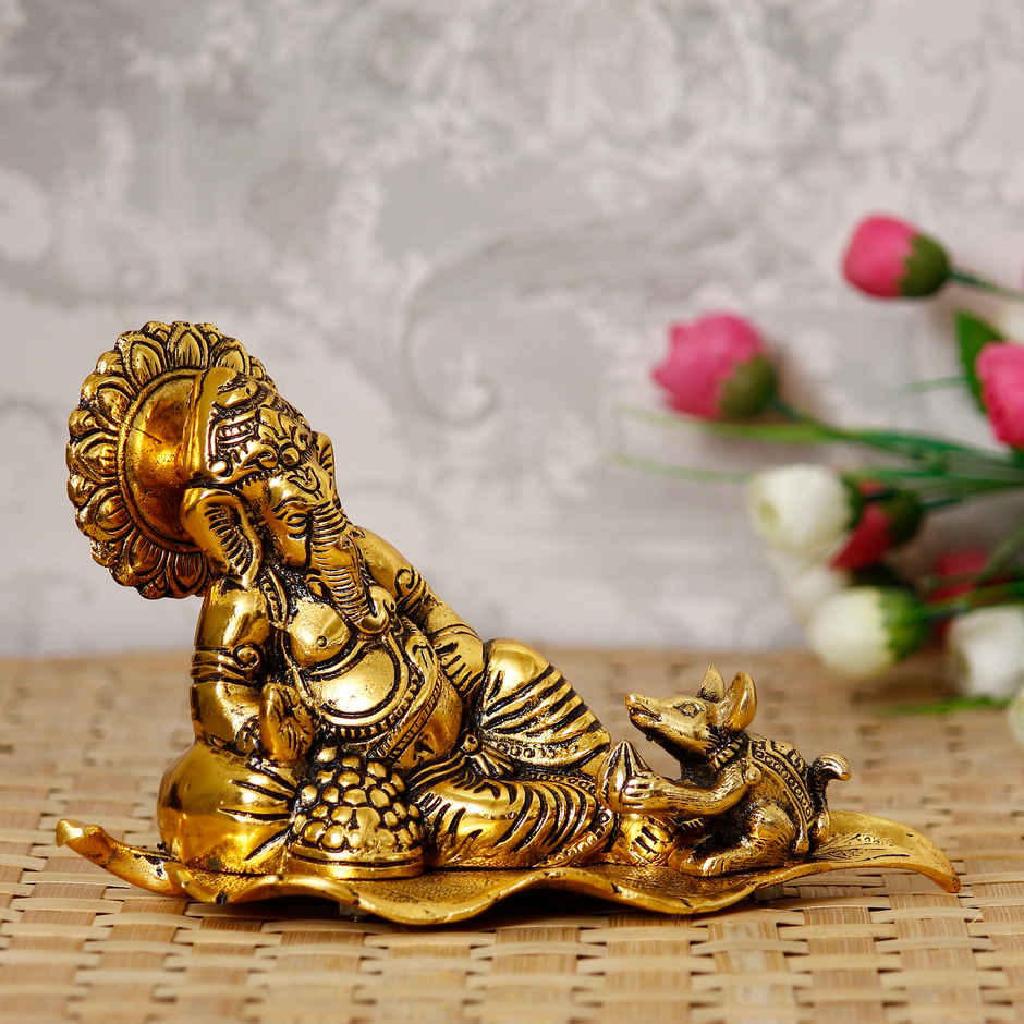 eCraftIndia Golden Resting Ganesha With Mushak Metal Decorative Showpiece