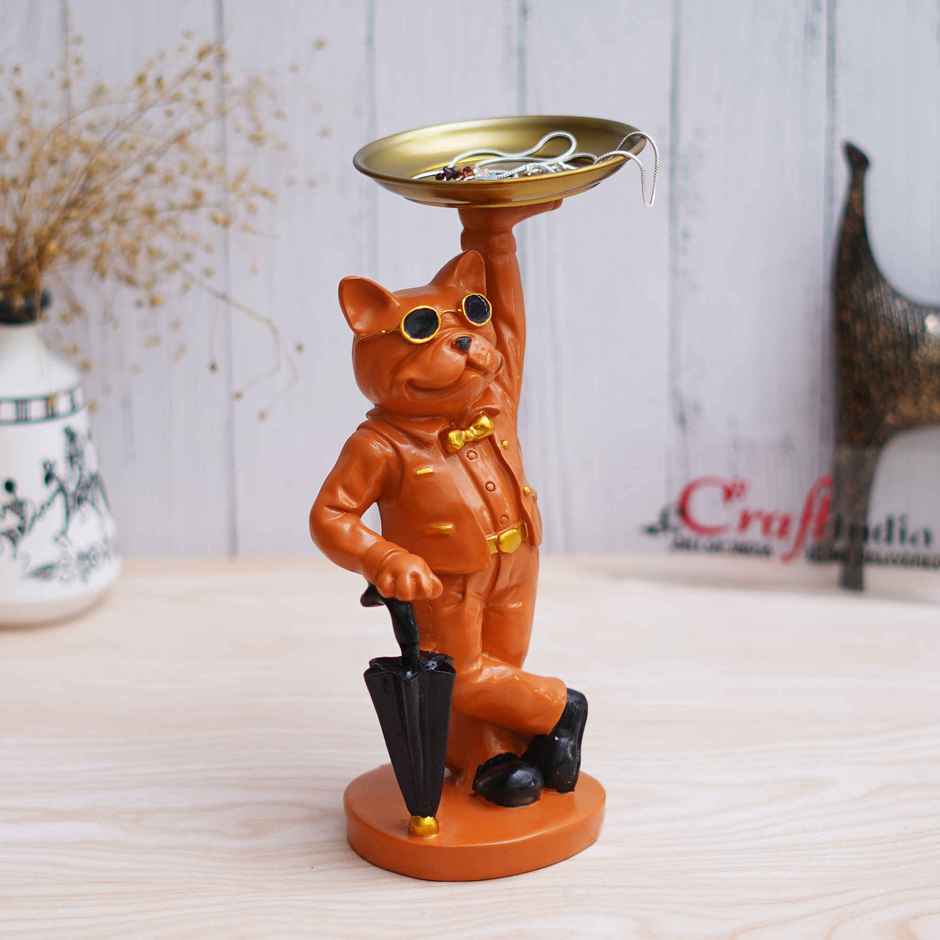 eCraftIndia Bulldog Statue in Glasses Holding Black Umbrella & Tray