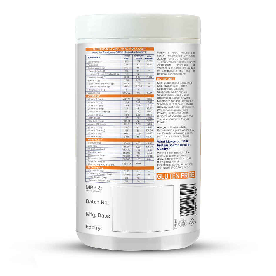 Gritzo Super Milk Growth+ | 10-12y Girls | 12g Protein Powder | Double Chocolate