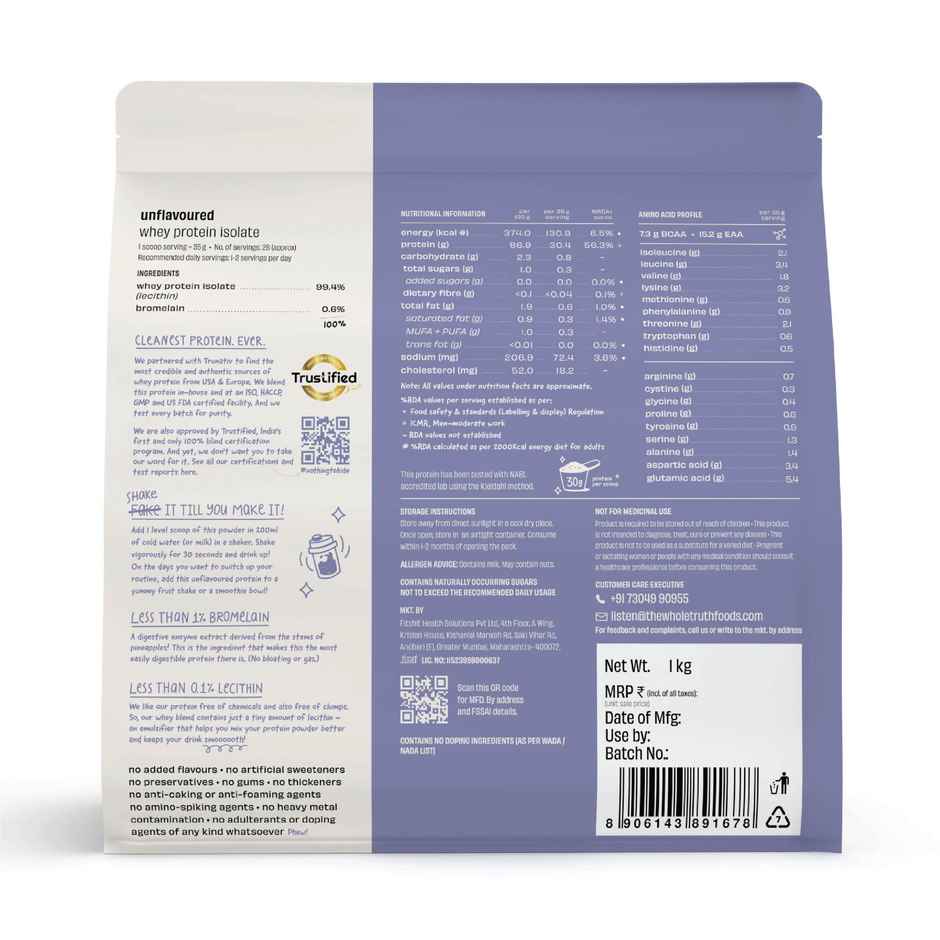 The Whole Truth Unflavoured Whey Protein Isolate (30g Protein Per Scoop) Combo