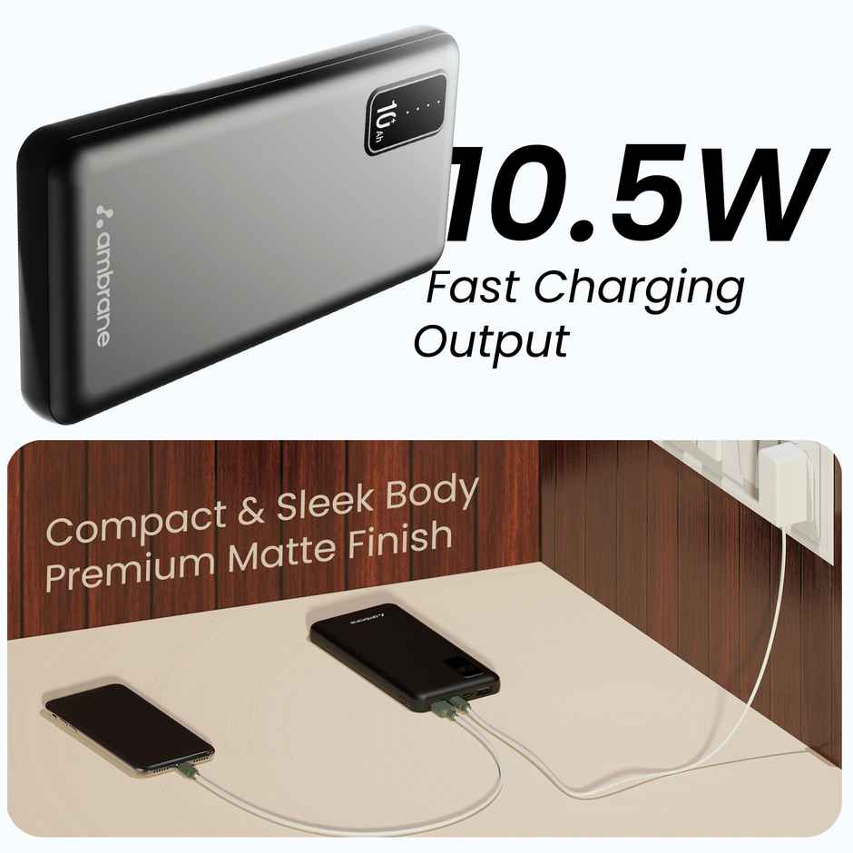 Ambrane 10000mAh Power Bank 10.5W Fast Charging Triple Outputs With USB-C Compact Powerbank | Black