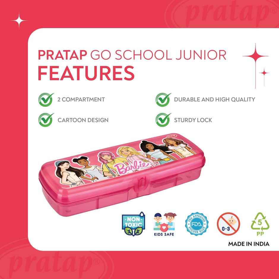 PRATAP Go School Junior Pencil Box with 2 Compartment Pink Barbie