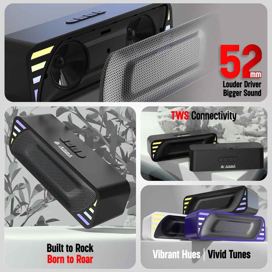 Aroma Rock 10W Bluetooth Speaker Upto 12 Hrs Music time With Dynamic RGB Lights | Black