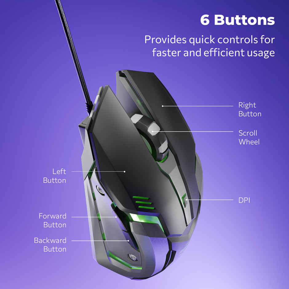 Zeb Transformer-M Gold-Plated USB Wired Mouse, 6 Buttons, Multi-Color LED High Res Sensor,3200 DPI - Black