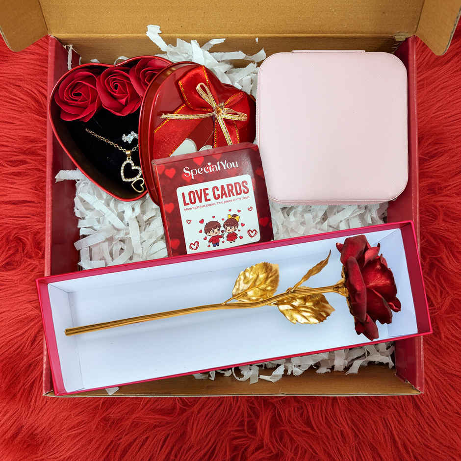 Red Metal Rose Gift Hamper with Jewelry Box and Pendant Ring Set | Ideal for Gifting | Special You