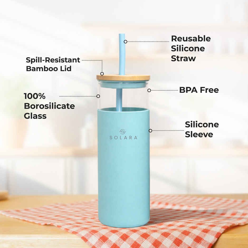 Solara Blue Breeze Glass Tumbler | 500 ml | Bamboo Lid, Silicone Straw & Silicone Sleeve | For Coffee