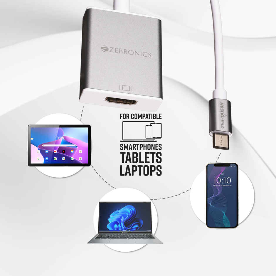 ZEBRONICS TA150H Type-C to HDMI 4K Adapter, 15cm, MacBook/DeX/Windows, Aluminium Design, White