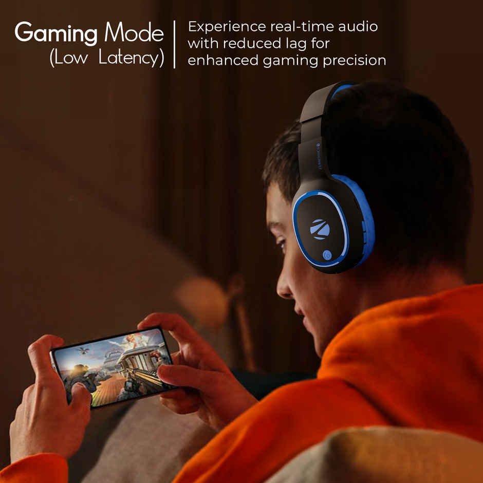 Zebronics Thunder BT 5.3 Headphone, 60H, Gaming Mode, Dual Pairing, ENC, AUX, mSD, Voice Asst(Blue)
