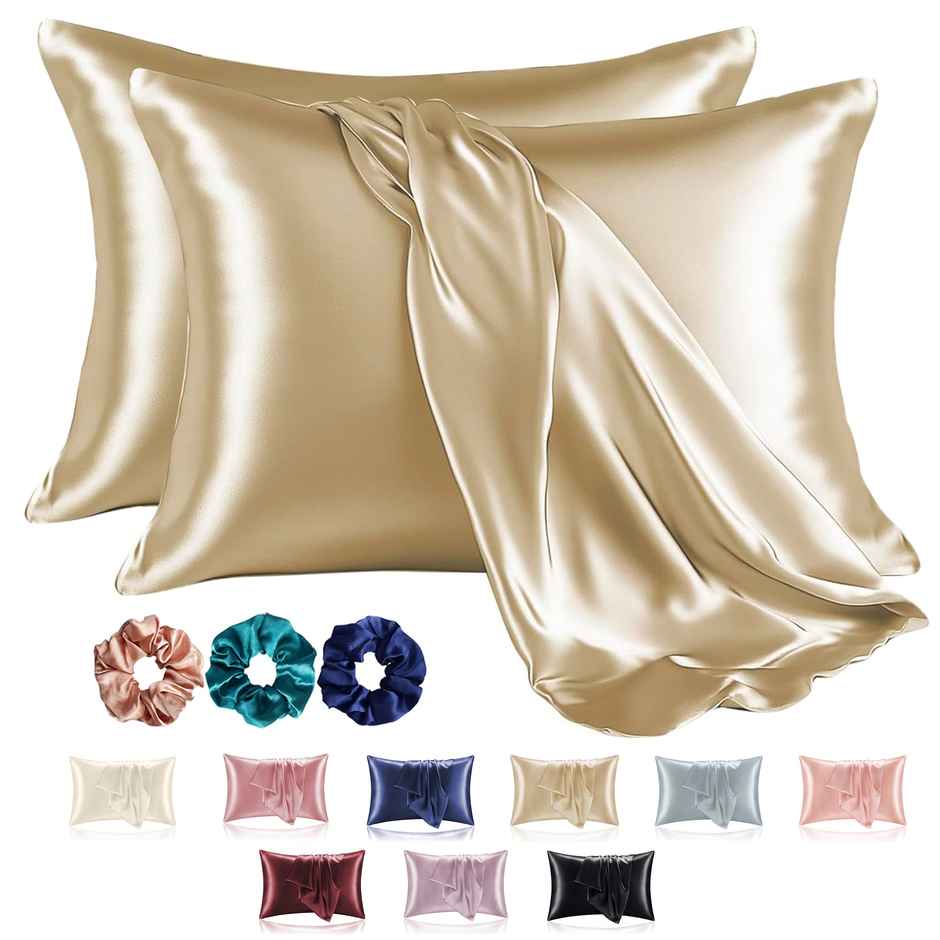 Kuber Industries 2 Pcs Satin Pillow Covers for Hair with 3 Scrunchies for Women | Champagne