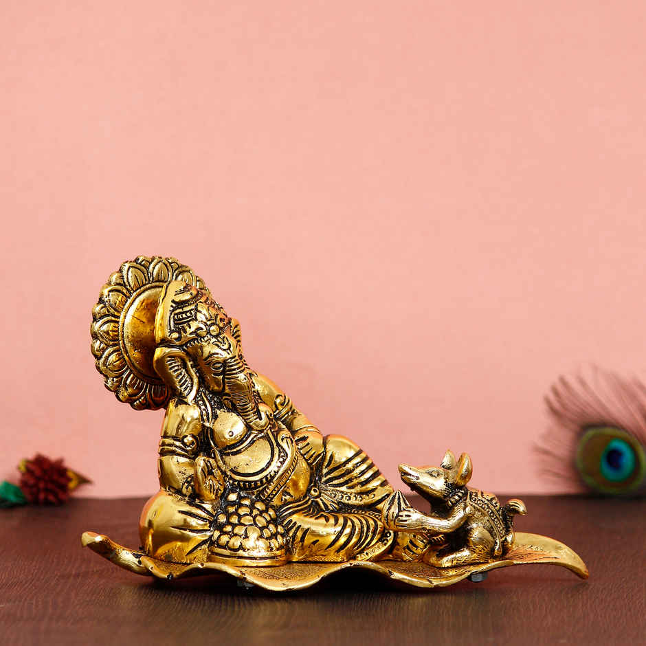 eCraftIndia Golden Resting Ganesha With Mushak Metal Decorative Showpiece