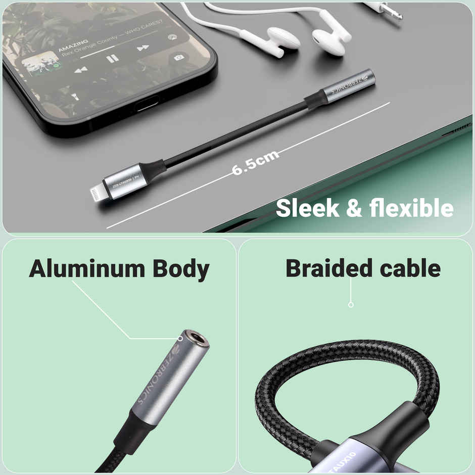 Zebronics LTAux10, Lightning to 3.5 mm Converter, Built-in DAC Chip, Braided Cable