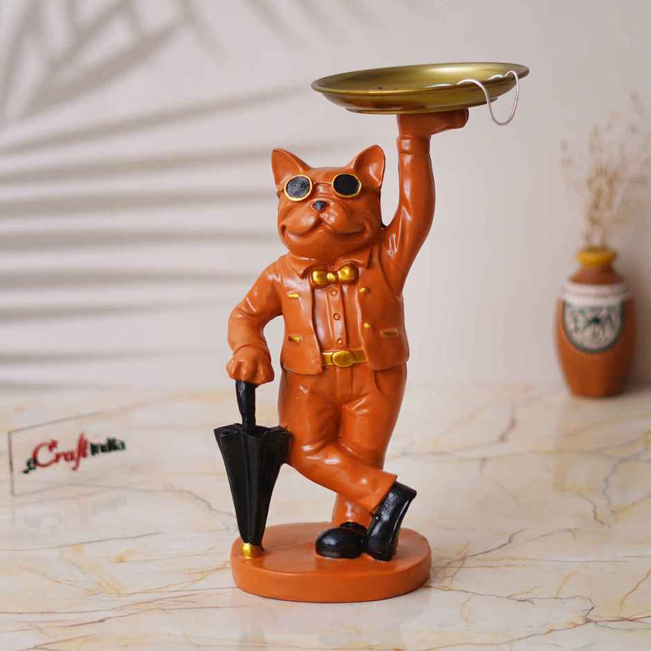 eCraftIndia Bulldog Statue in Glasses Holding Black Umbrella & Tray