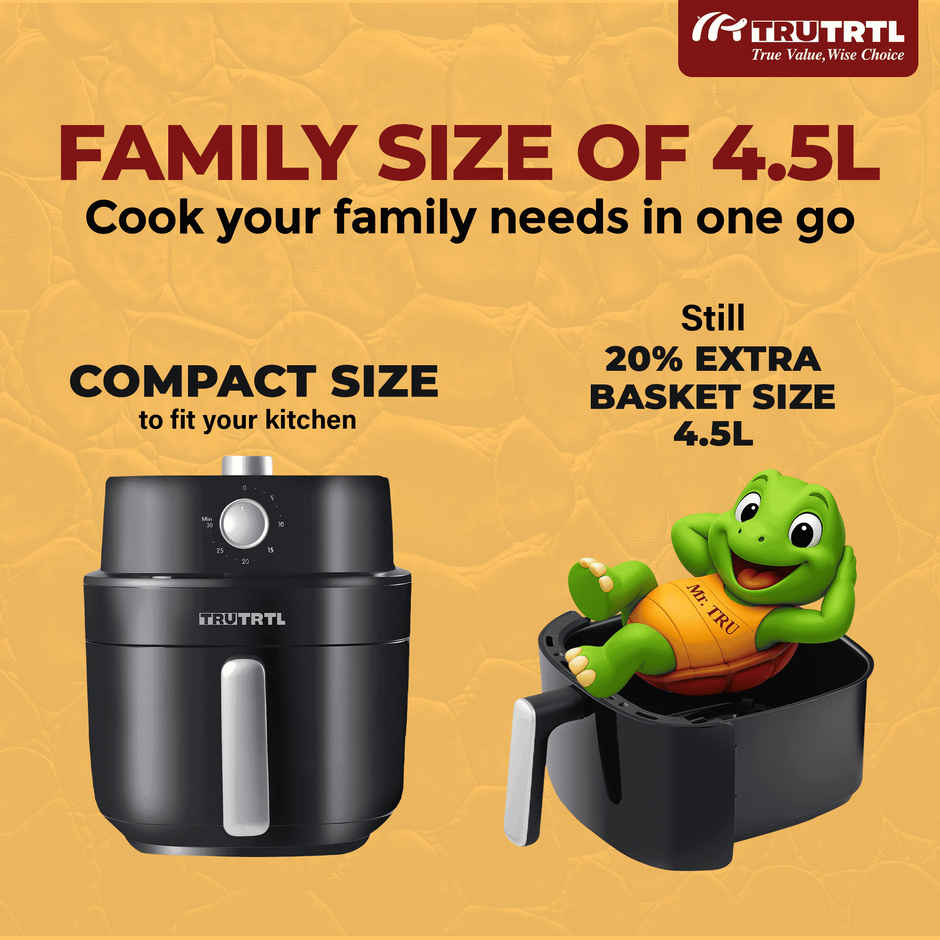 truTRTL Manual Air Fryer for Home | Actual 4.5 Liter | 1400 Watt | 1 Year Warranty | Uses 90% less Oil | Time & Temp Control Knobs | Glossy Black