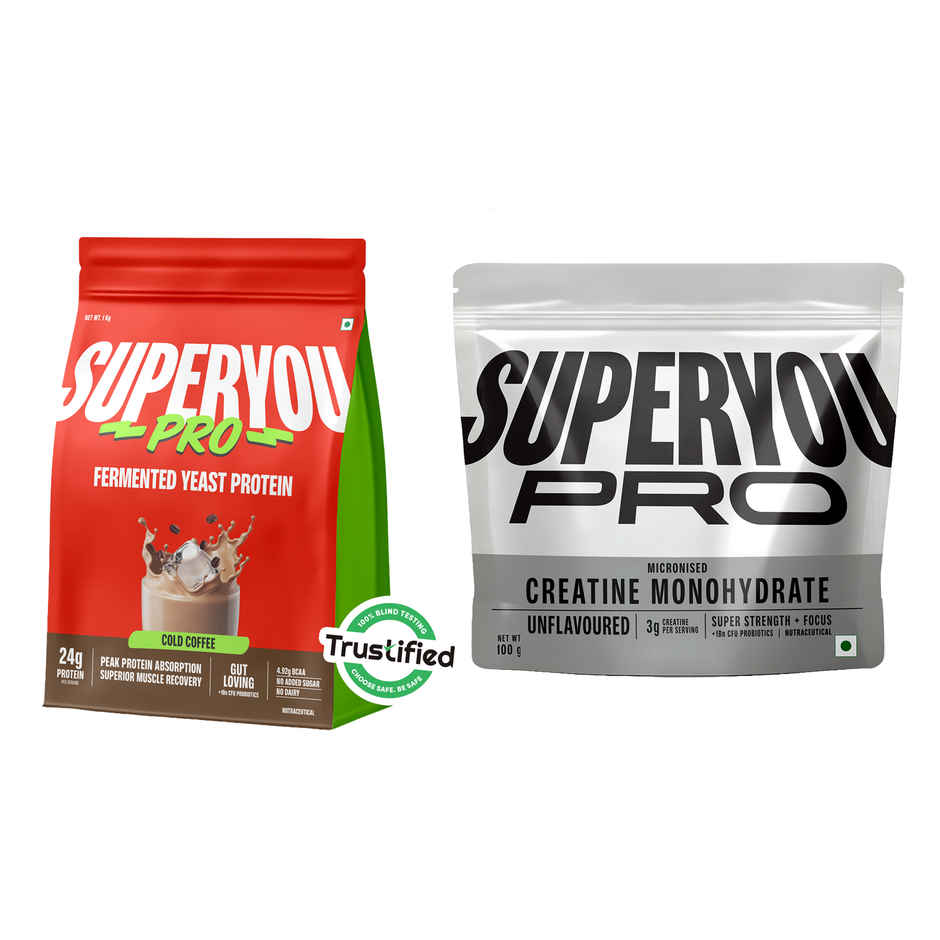 Superyou Pro Fermented Yeast Protein- Coffee | 24G Protein Per Scoop (1kg) & Superyou Pro Micronised Creatine Monohydrate | 33 Servings | Unflavoured (100g) Combo