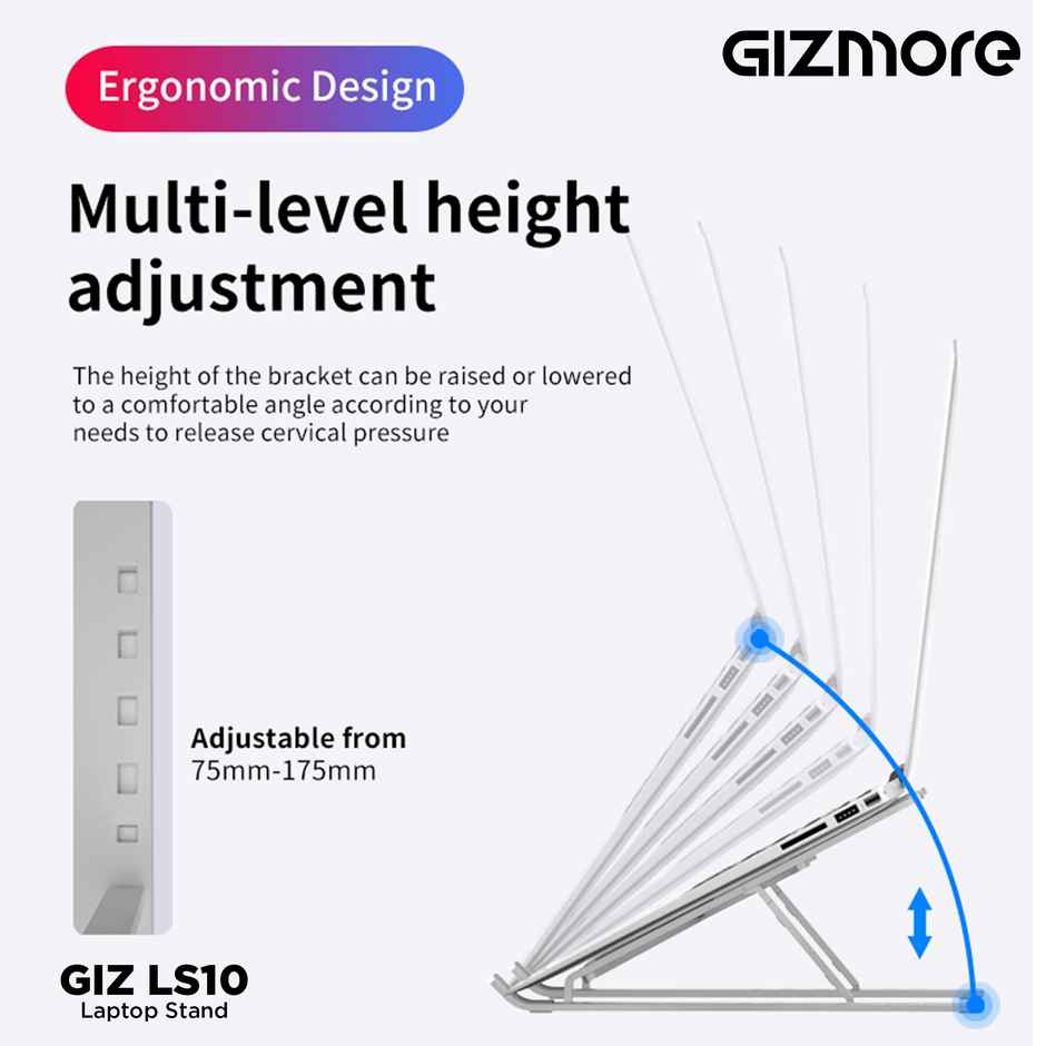 Gizmore GIZ LS10 Laptop Stand Supports laptops up to 39.6 cm (15.6"), Aluminium Alloy Body with 6 Adjustable Levels Stand, Anti Slip Silicon Rubber Pads, Foldable Laptop Stand - Silver