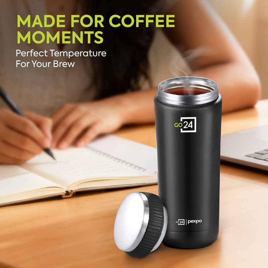 Go24 | Pexpo Crypto ISI Certified Hot & Cold Flask | 430 ml | Knight Black | Stainless Steel