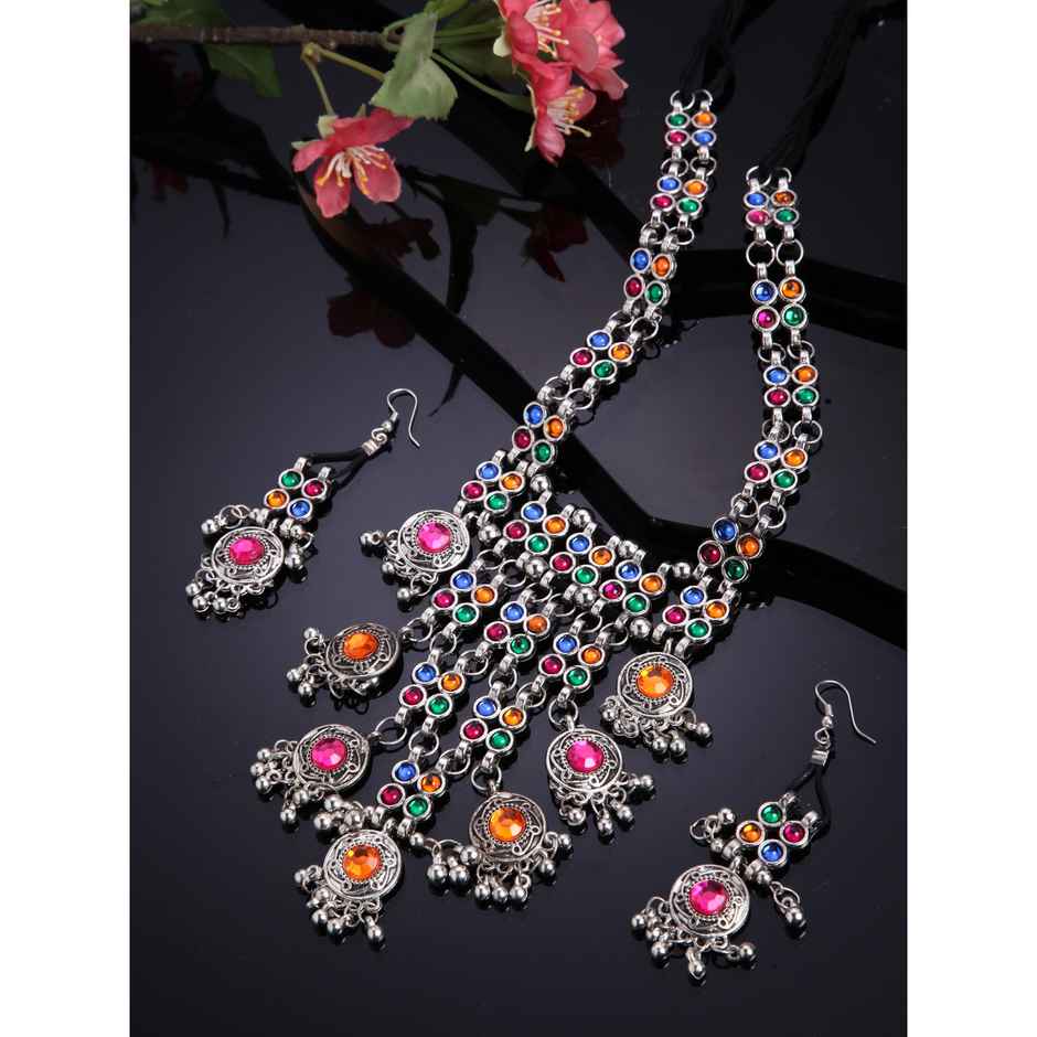 Shining Diva Fashion Stylish Traditional Oxidised Silver Necklace Jewellery Set for Women | 13110s