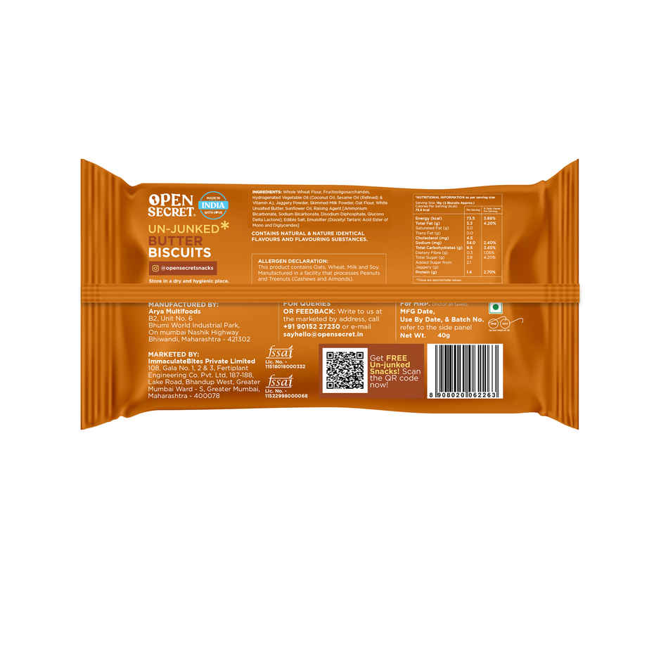 Open Secret Zero Maida Butter Biscuit Cookies, Healthy Snacks With No Refined Sugar & No Palm Oil