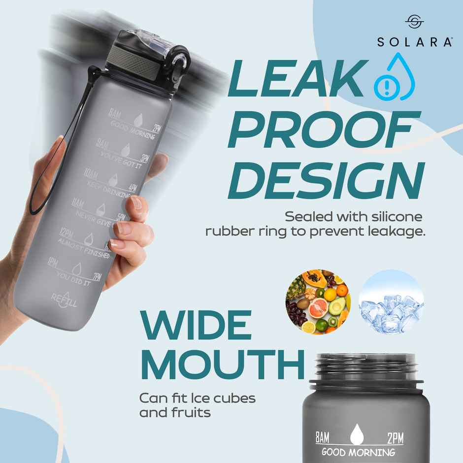 Solara Plastic Water Bottle with Motivational Time Markings, 100% BPA Free | Mysterious Grey | 1 L