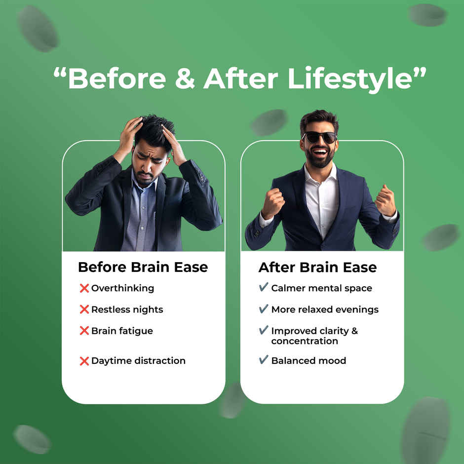 OYB Brain Ease Stress Relief with Ashwagandha & Brahmi for Calm Mind, Focus & Anxiety | 30 Tablets