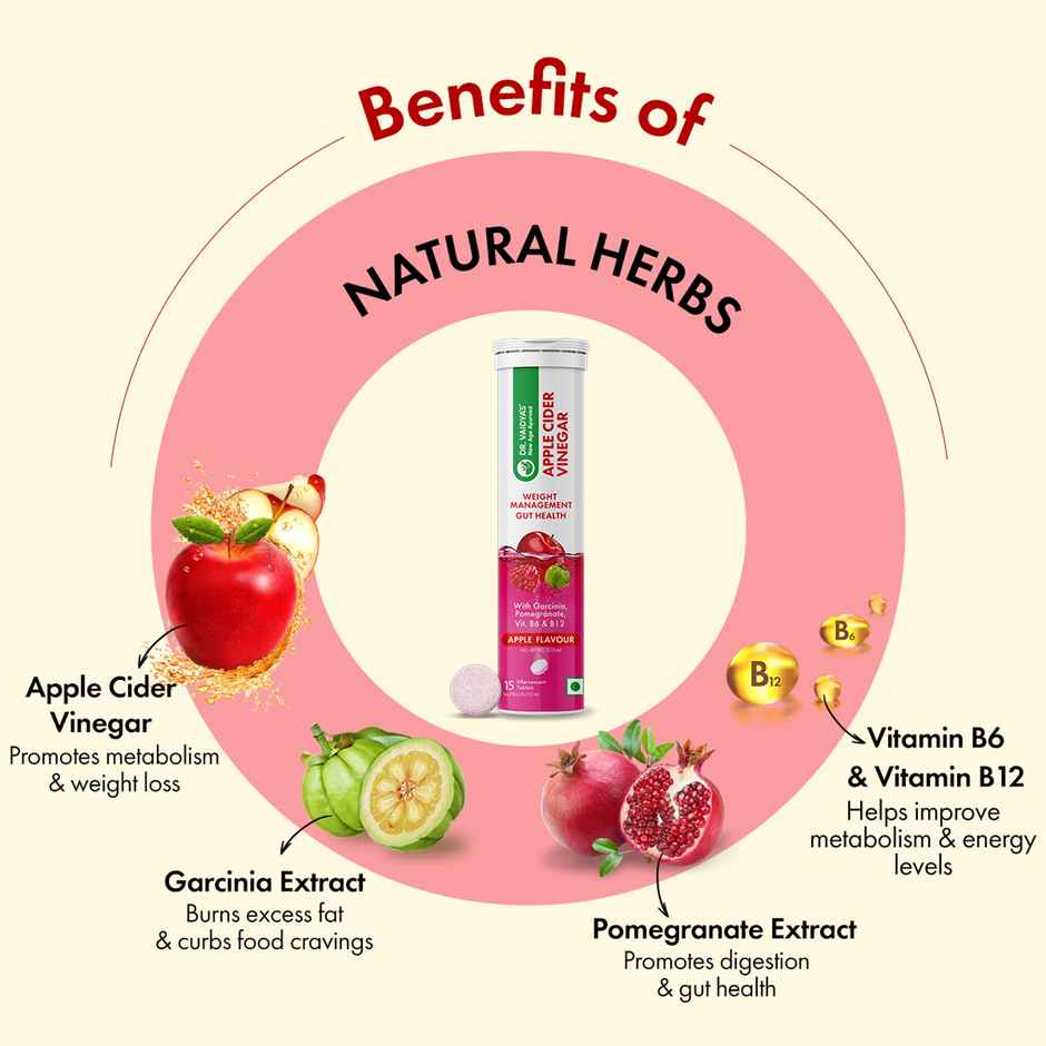 Dr. Vaidya's Apple Cider Vinegar Effervescent (Fizz) Tablets with Vitamin B6 & B12 | Weight Loss