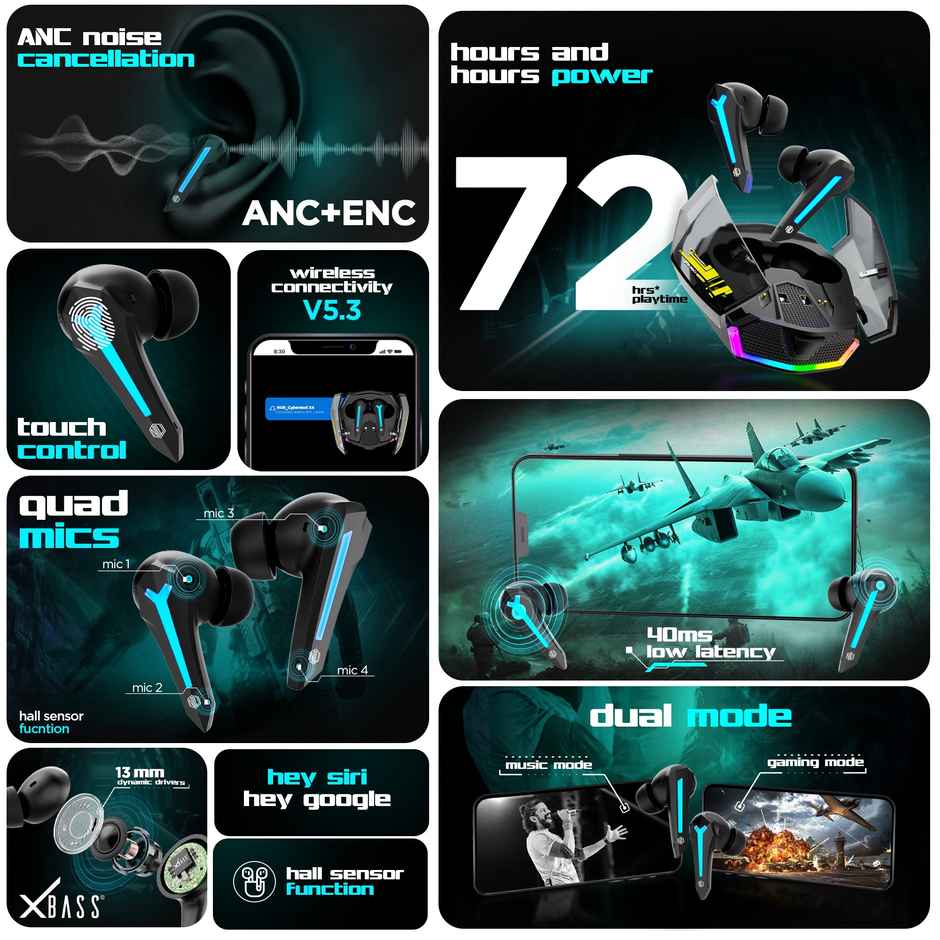 Nu Republic Cyberstud X4 Firefly TWS Earbuds with 72hr Playtime,13mm Driver, XBass, ANC + ENC Quad Mics, Hall Sensor, 40ms Low Latency, Dual Mode, BT V5.3 (Black)