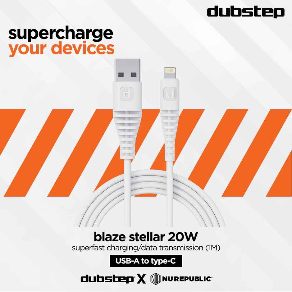 Dubstep Blaze Stellar 20W USB-A To Type-L Data Fast Charging Compatible & Data Sync Cable with Overheat Protection | 70k Insertion Tested - White