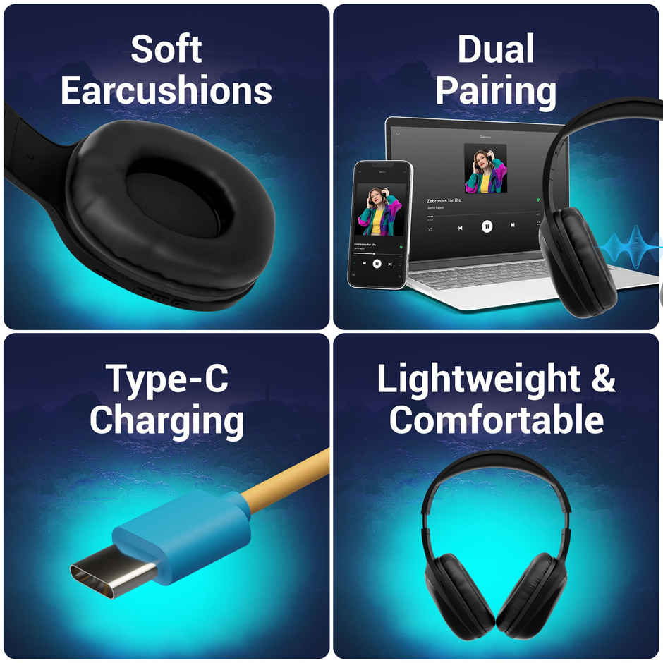 Zebronics Zeb Thunder Pro On-Ear Bluetooth Wireless Headphone With 60 Hrs Playback BT v5.0, 40MM Driver, USB-C Type Charging - Black