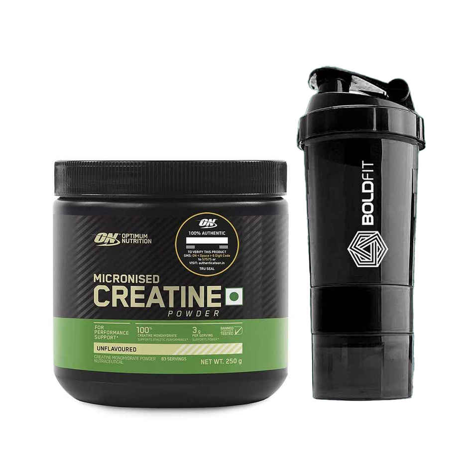 Optimum Nutrition Micronised Creatine Powder Unflavored (250g) & Boldfit Spider Gym Shaker Bottle (1pc) Combo