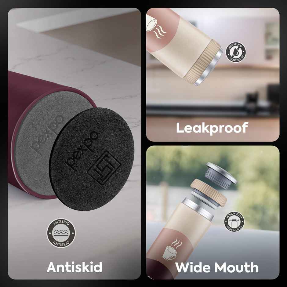 Pexpo Vacuum Insulated UV Bottle, Stainless Steel Hot & Cold Flask | Brown