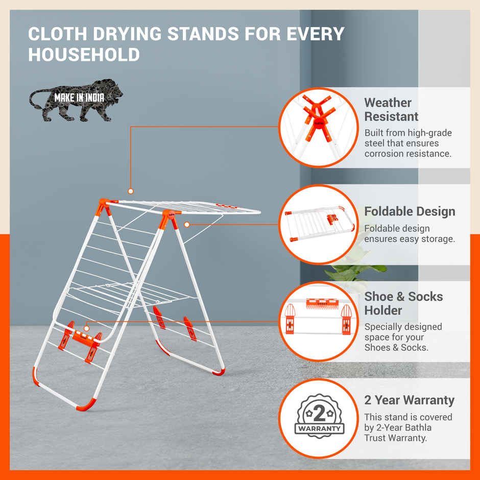 Bathla Foldable Cloth Drying Stand for Home - Neo | Steel | Heavy Duty, Lightweight | Orange