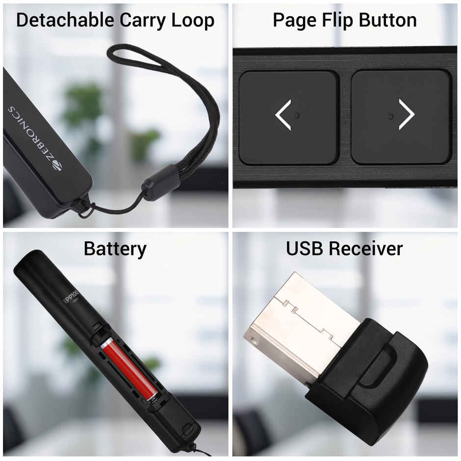 Zebronics PP100, 2.4GHz Wireless LASER Pointer, Power Point Slide Changer, Page Flip Buttons, RED LASER, 10m Wireless Range + 100m LASER Range, Multi - OS | Software Compatible - Black