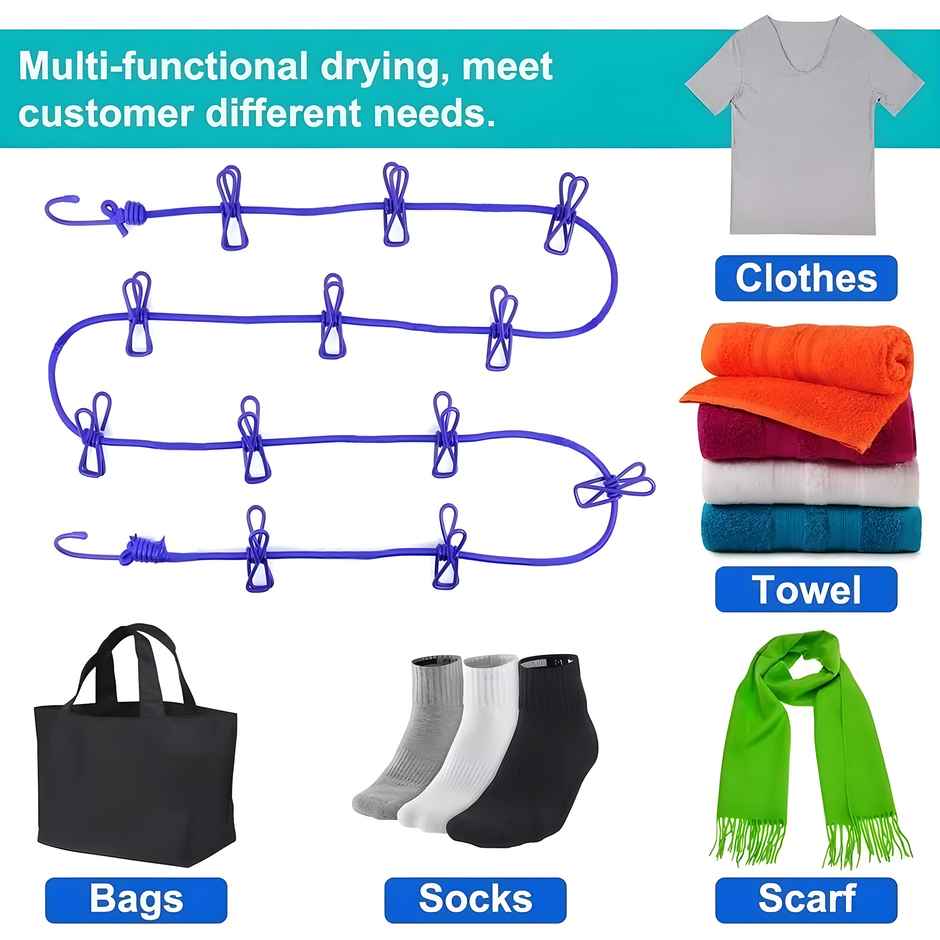 Kuber Drying Rope with Clips | Portable Cloth Line for Travel | 1.8 Meter | Multicolor