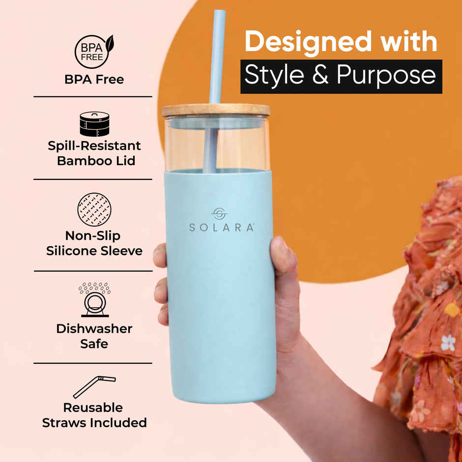 Solara Blue Breeze Glass Tumbler | 500 ml | Bamboo Lid, Silicone Straw & Silicone Sleeve | For Coffee