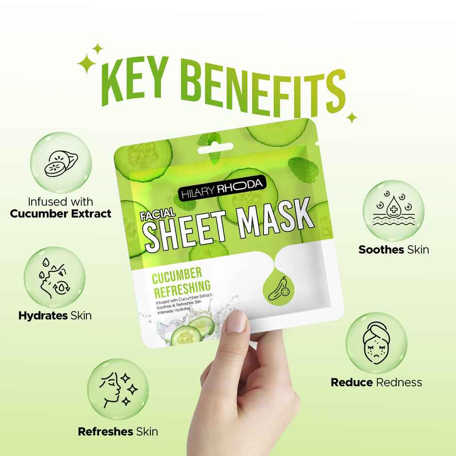 Hilary Rhoda Cucumber Refreshing Sheet Mask | Facial Sheet Mask with Serum | Depuffs Face
