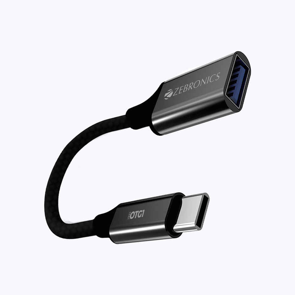 Zebronics OTG1 Type C to OTG Connector with Male Type-C 3.1 Gen 1, Female USB 3.0 5Gbps, 15cm Braided Cable, Metal Body, Sleek Design, for Smartphones, Tablets & Laptops - Black