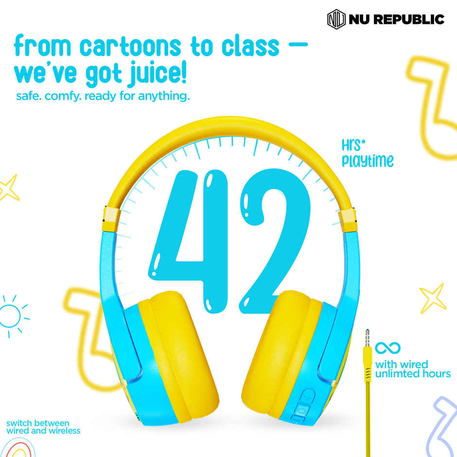Nu Republic Beatpop with 42 hrs Playtime ENC Wireless Headphone - Blue & Yellow