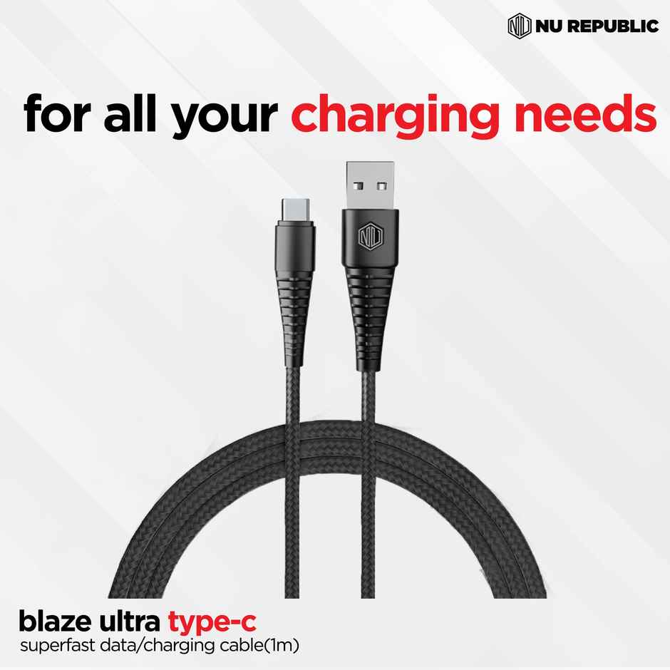 Nu Republic Blaze Ultra Type-C 3.5Amp Fast Charging Tangle Free Sturdy 100 cm Cable for Smartphones, Tablets & Other Type-C Devices with 480 Mbps Data Transmission - Black