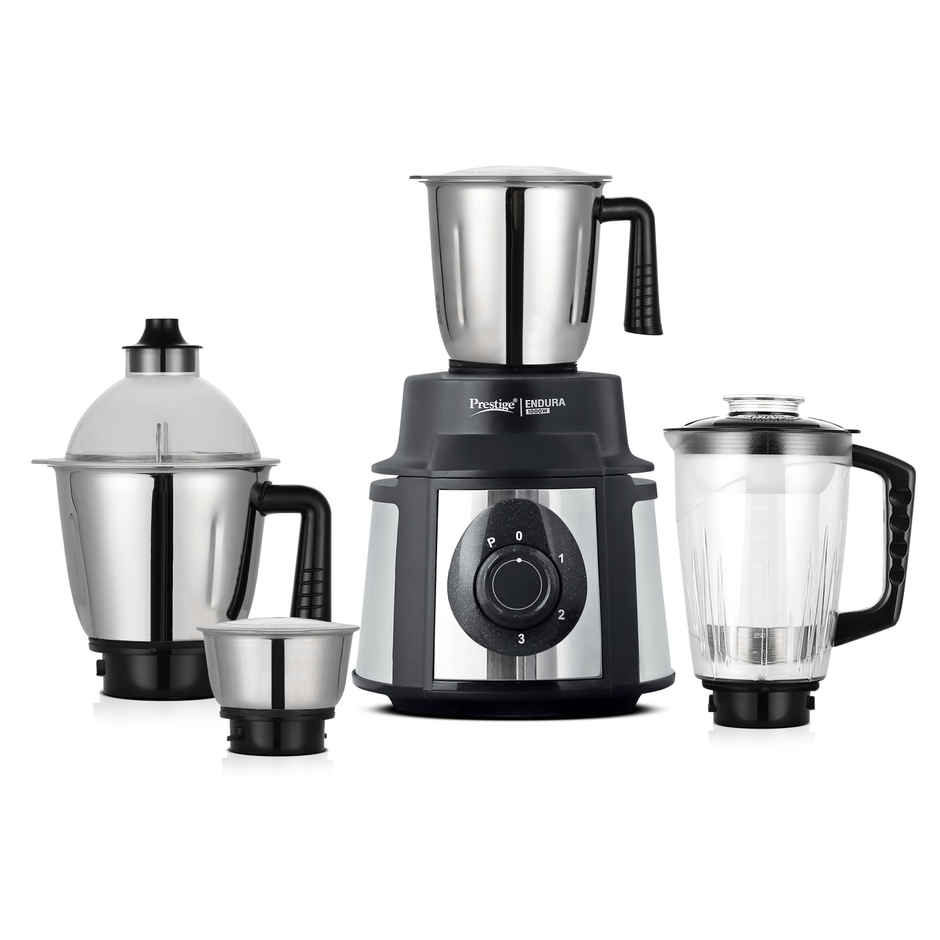 Prestige Endura 1000 Watts Mixer Grinder, Heavy-Duty Ball Bearing Copper Motor, 3 SS+1 Juicer, Black