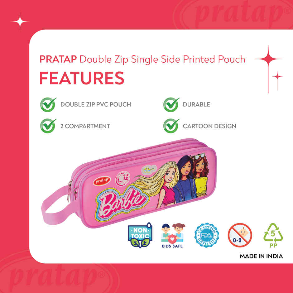 PRATAP Double Zip Pvc Single Side Printed Pouch | Pink, Barbie