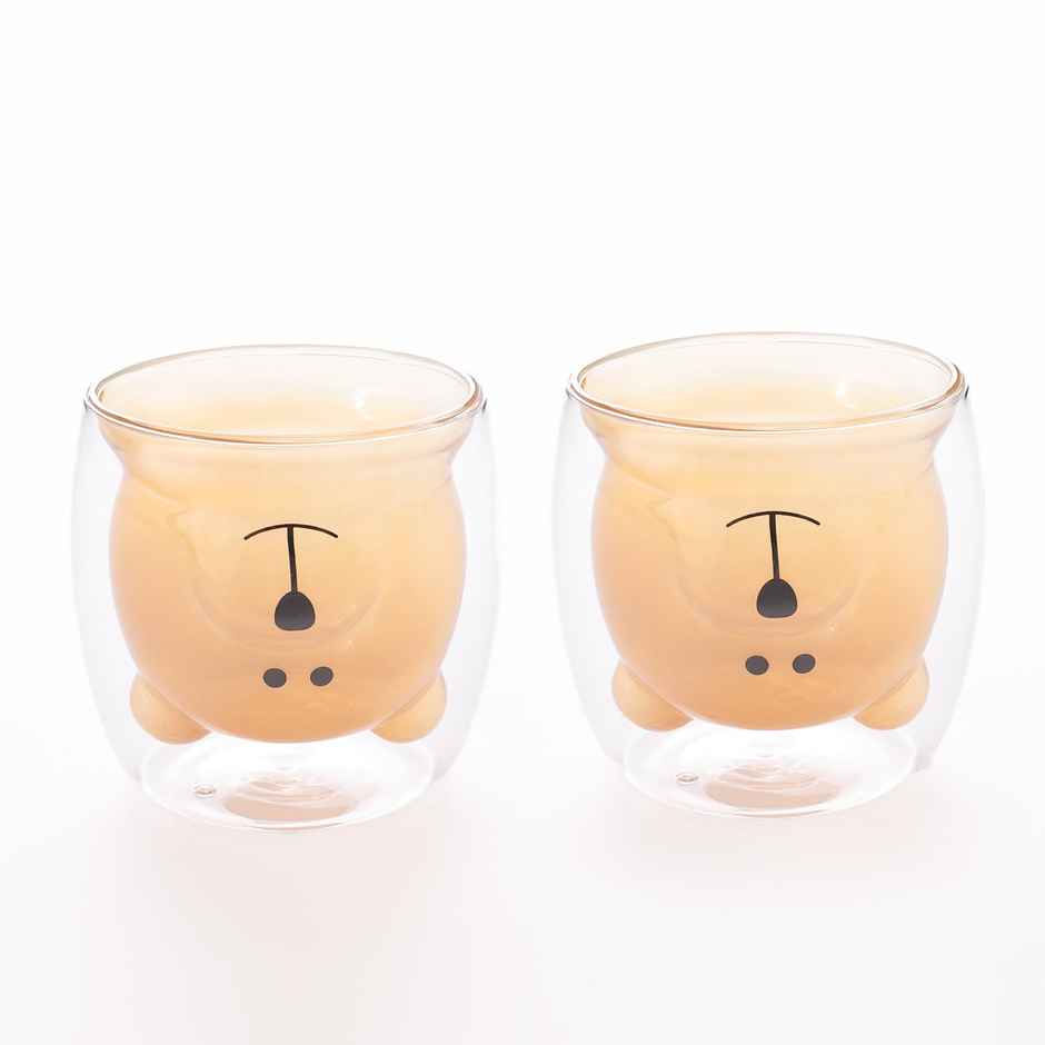 Umai Cute Teddy Bear Glass Mug Set Of 2 I Double Walled Borosilicate 250 ml I Transparent