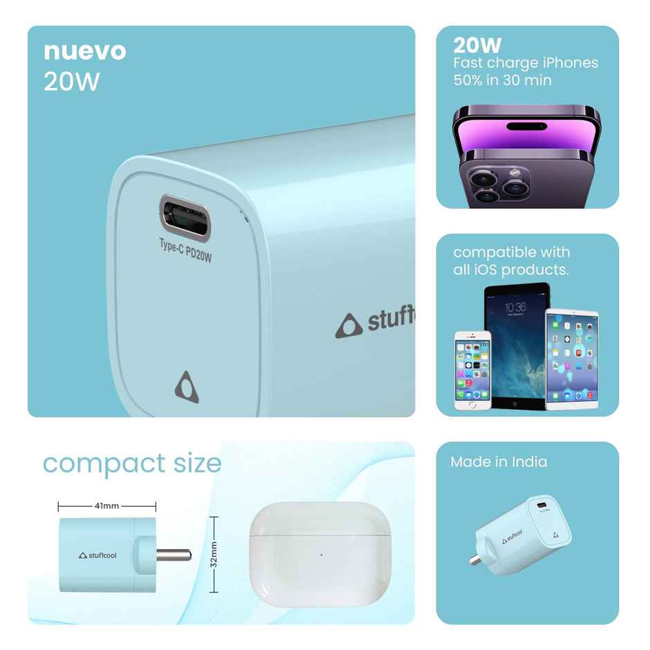 Stuffcool Nuevo 20W Smallest Wall Charger for iPhone (Blue)