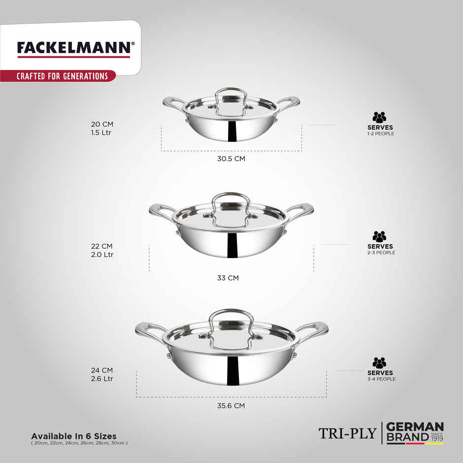 Fackelmann 2.5 Liter Kadai 24 CM, Triply | German Quality | Energy-Efficient | Non-Toxic | Versatile Cookware | Hassle-Free Maintenance | Triply Stainless Steel kadai | Kadai for Cooking
