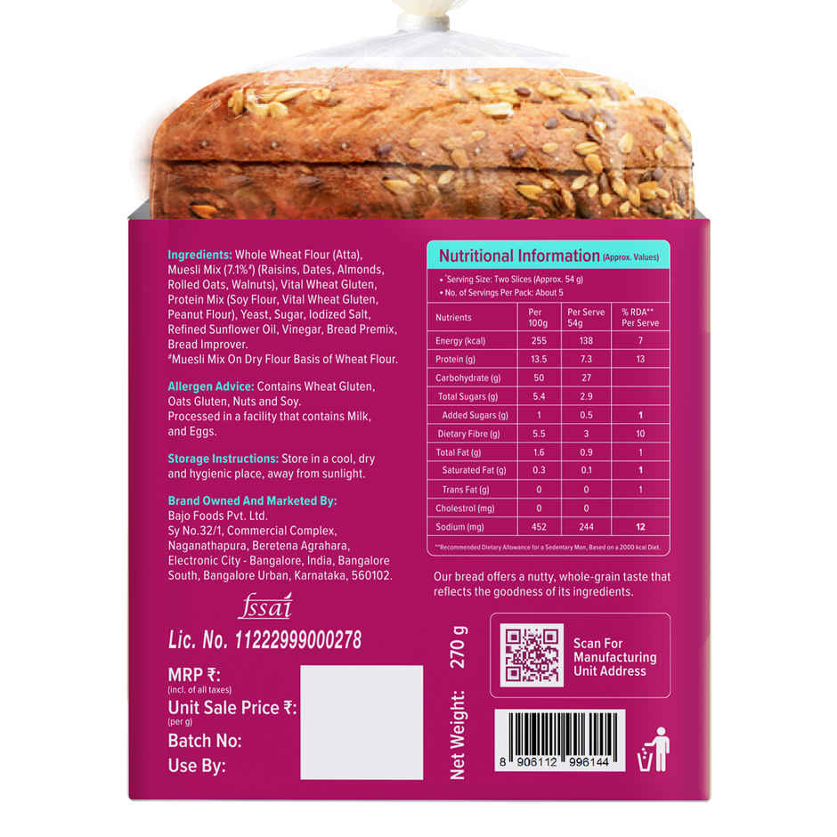 Protein Chef 36g Protein Muesli Multigrain Bread, High Fibre